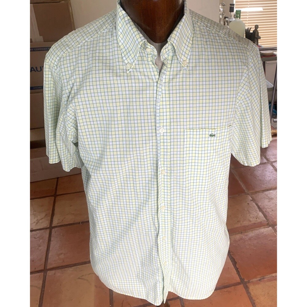 Lacoste Mens Button Down Shirt Green Check Short Sleeve Cotton Size 44 Classic